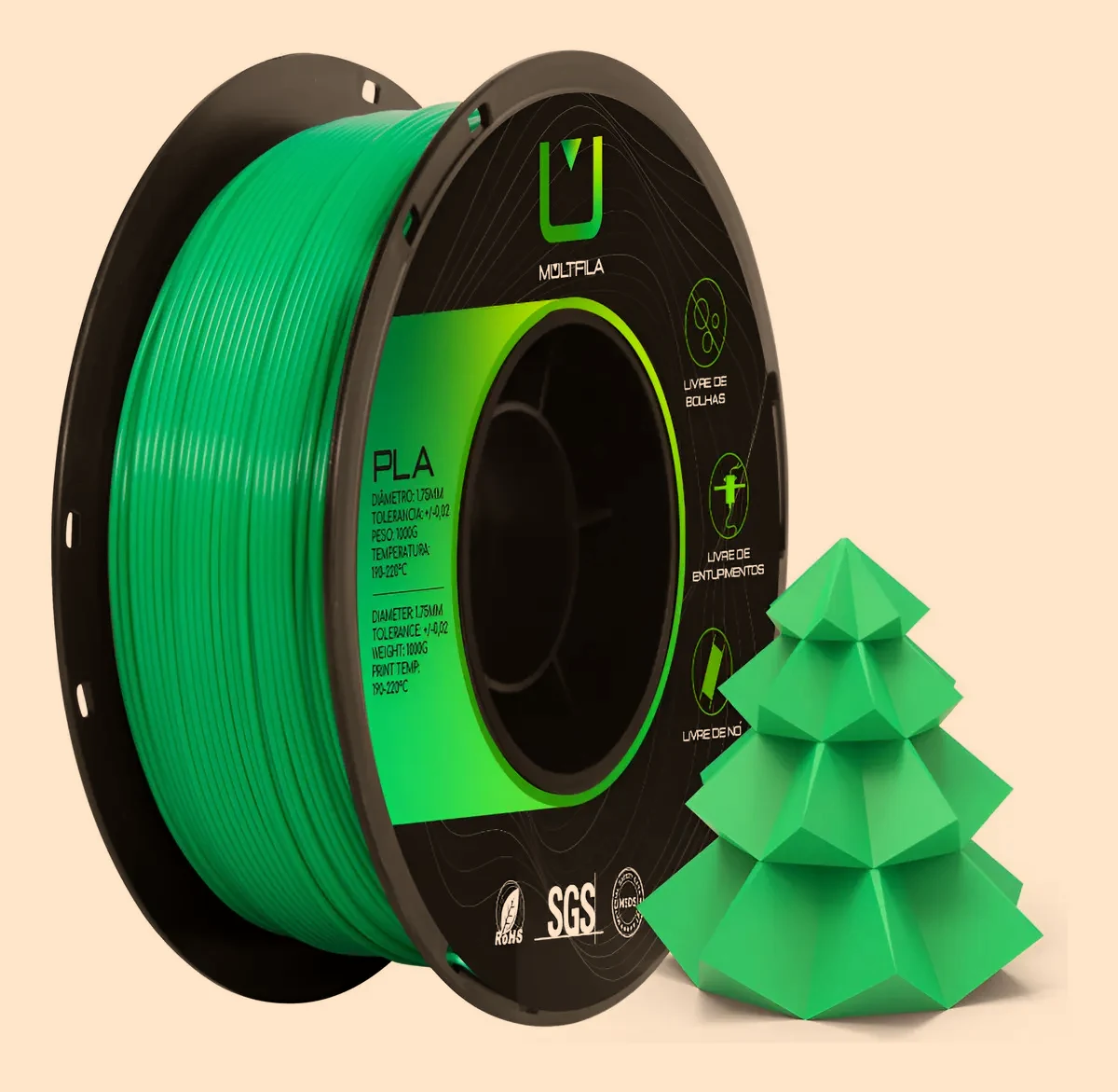 Rolo de filamento Multifila PLA Verde ao lado de um abeto impresso em 3D