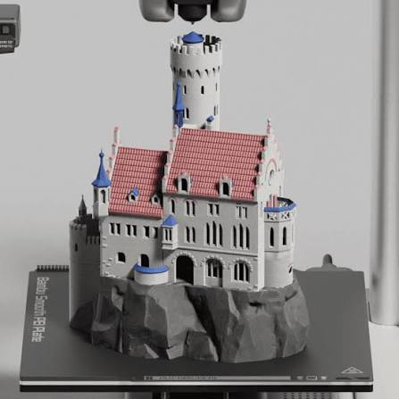 Miniatura de castelo sendo impressa em impressora 3D FDM