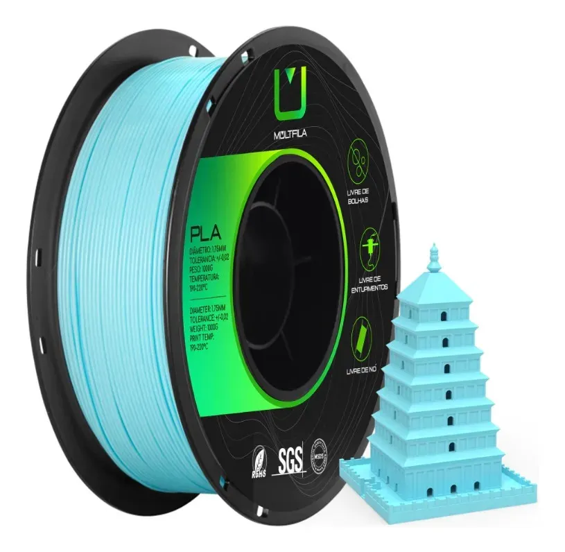 Rolo de filamento Multifila PLA Azul Claro de 1 kg e 1,75 mm